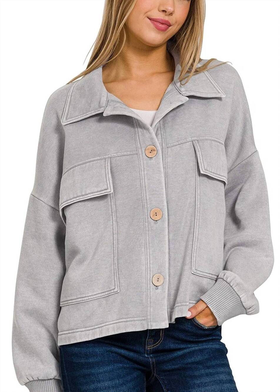 NEW ZENANA women's acid washed cropped shacket in sleet